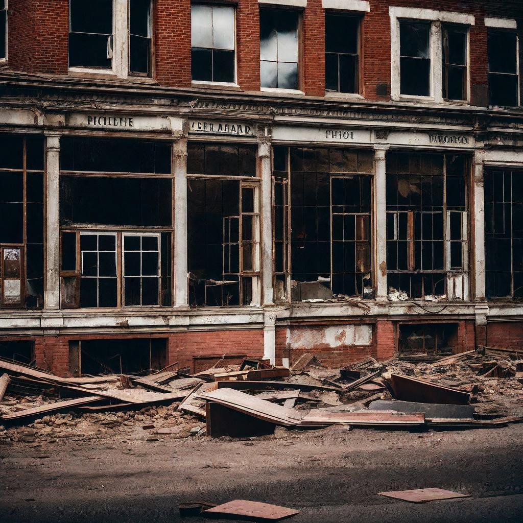 An impactful photograph depicting the aftermath of Bancomania's collapse, inspired by the emotive style of Lewis Hine. Town squares, once vibrant, now stand as ghost towns with shuttered windows and "closed for good" signs, symbolizing the end of the financial frenzy. Shot with a 50mm lens, the details reveal the decay of economic dreams. Cool tones create a somber mood, accentuating the impact of economic downturns.