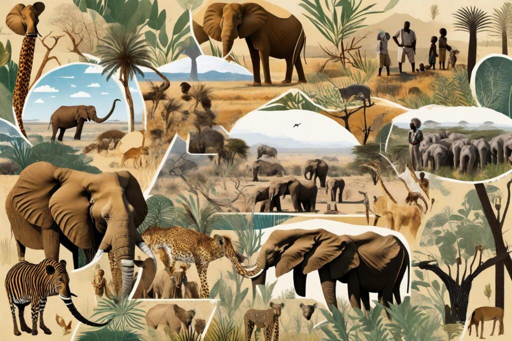 A collage showing scenes of African wildlife and a family (representing zoologists) in a natural, exploratory setting.