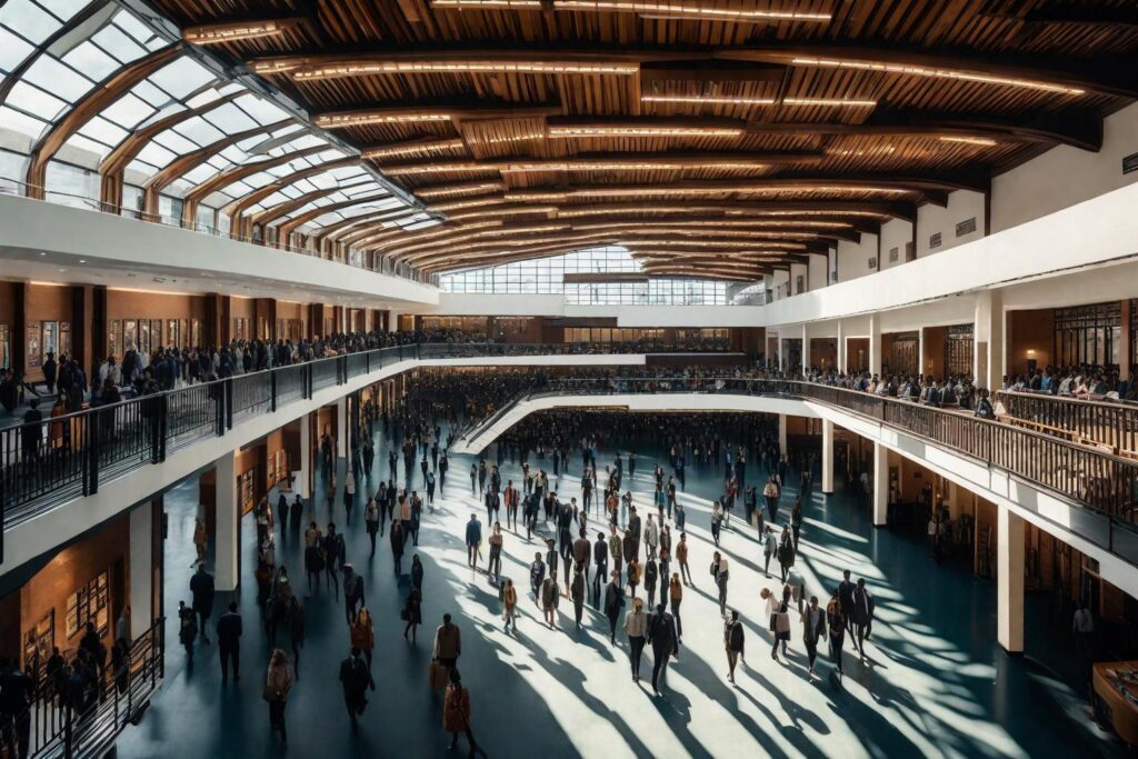 A contrasting image showing the open, natural landscapes of Africa on one side and the structured, busy hallways of an American high school on the other.