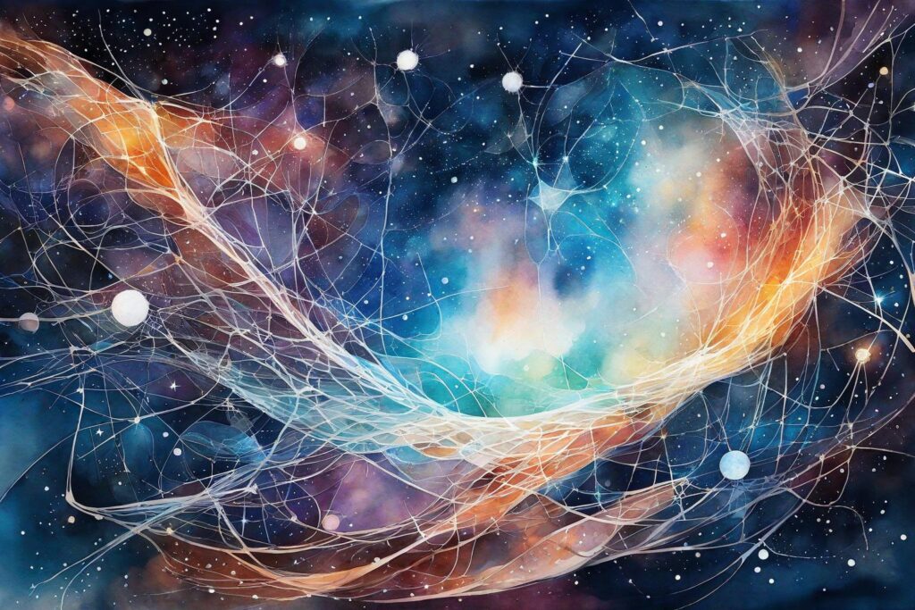 "Illustrate in watercolour an ethereal, abstract concept of Galaxy AI, portraying it as a luminous, interconnected web of data within a starry space scene, capturing the essence of innovation and exploration."