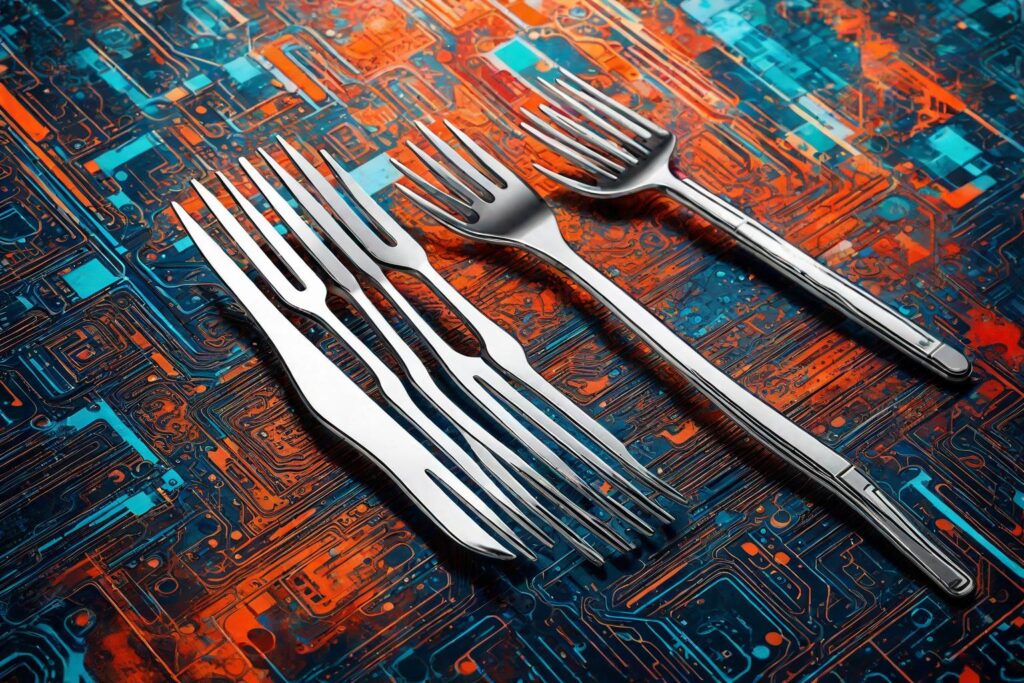 "A sleek, silver fork with digital circuit patterns etched onto the handle, symbolising a blockchain fork with partial upgrades, set against a vibrant, abstract expressionist background."