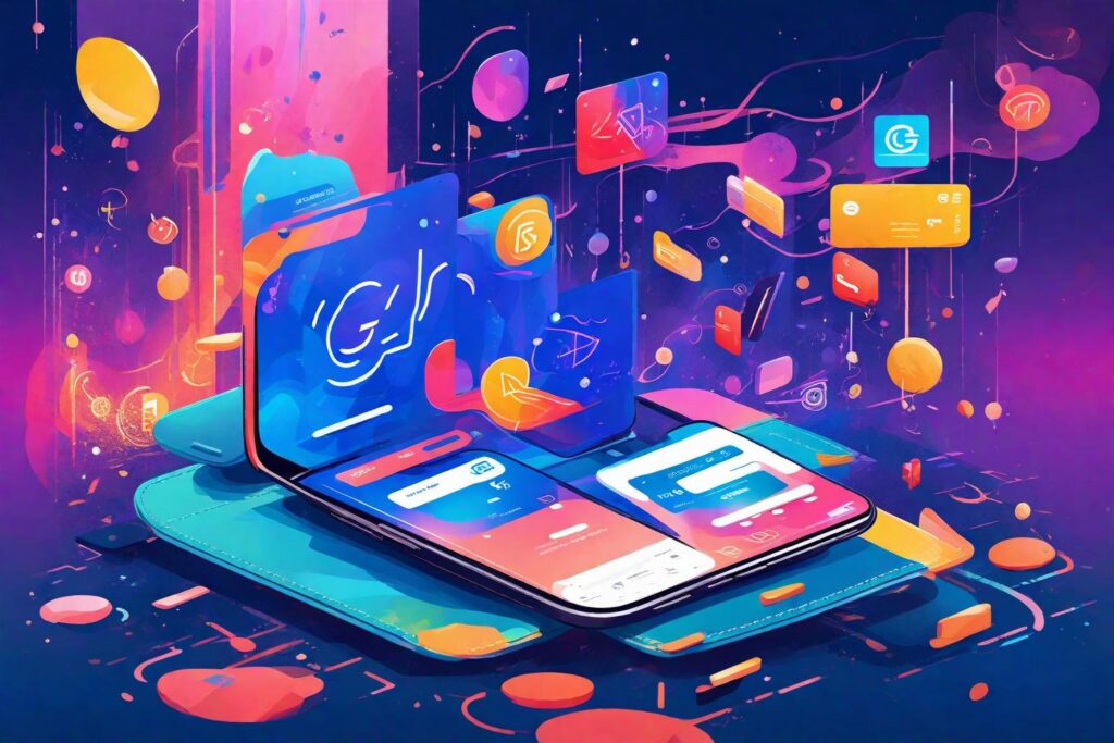 "Create an image of a sleek, digital wallet representing Google Pay Lite Service, with simplified transaction icons floating around, in a vibrant, abstract art style with a random cosmic backdrop."