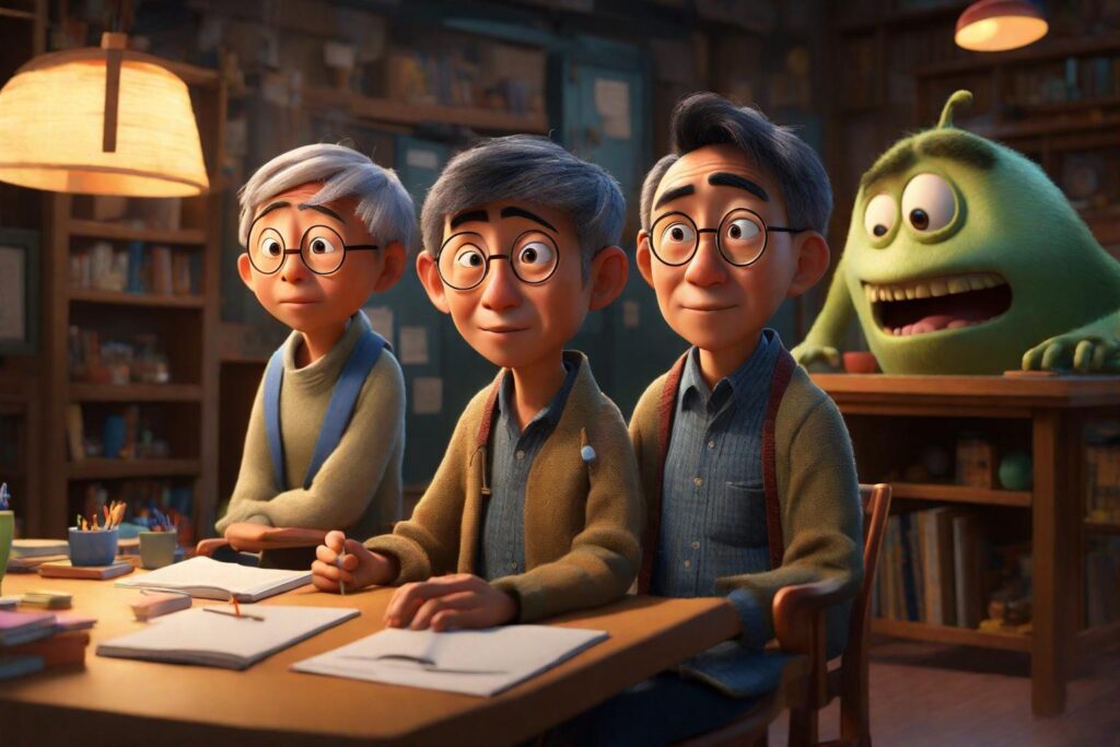 In a dynamic world of constant change, a vivid Pixar 3D scene captures adaptable individuals immersed in a lifelong learning environment, reminiscent of the transformative artistry of Hayao Miyazaki. Soft lighting enhances facial expressions, conveying resilience and determination. --v 5 --stylize 1000