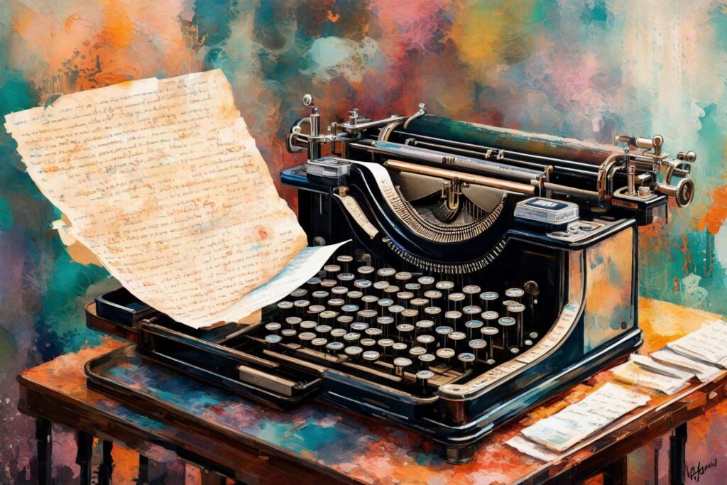 "Create an image of a vintage typewriter magically printing a document with a single key press, blending nostalgia with technology. Infuse a whimsical, impressionist art style set against a random, dreamlike environment."