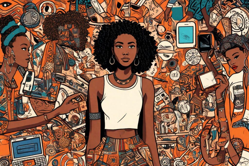 An illustration depicting Cady in the middle, with African cultural symbols on one side and American teenage lifestyle elements (like fashion, technology, etc.) on the other.