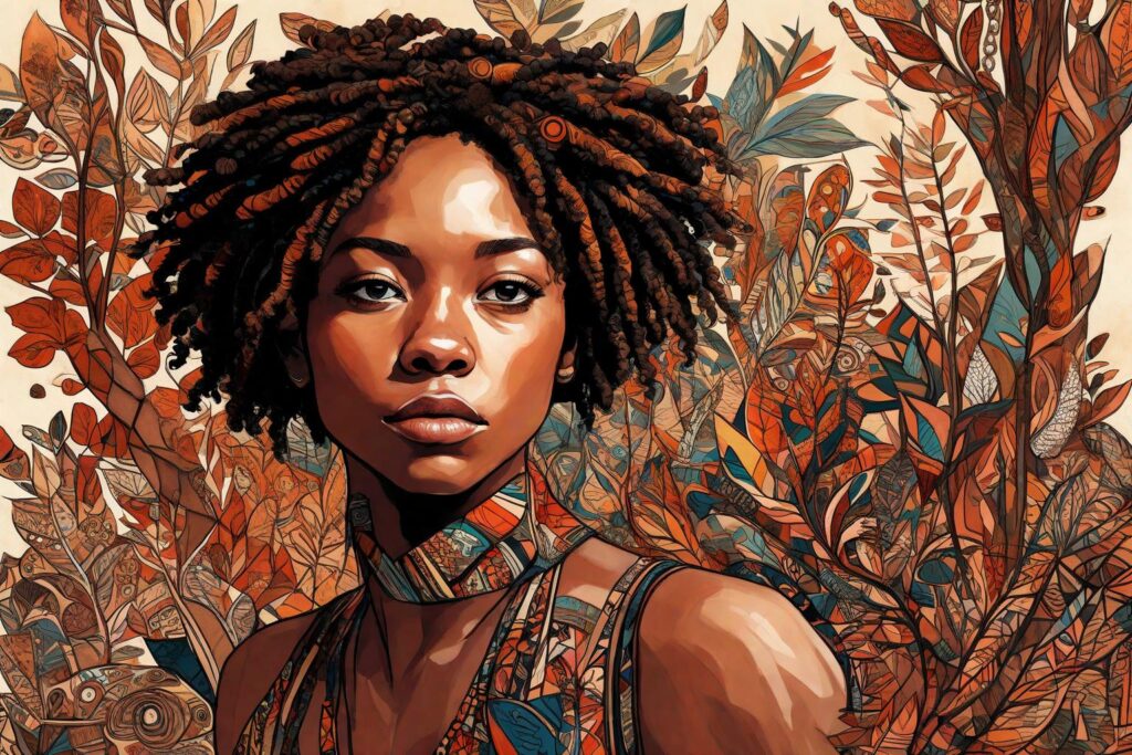 A thoughtful, artistic representation of Cady, showing her growth and adaptation. The background could subtly incorporate elements from both African and American cultures.